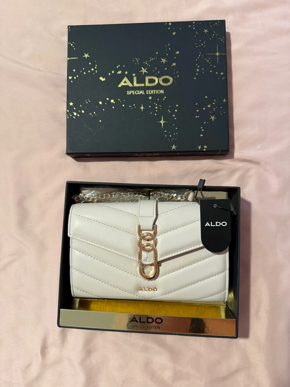 ALDO White Quilted Crossbody with Gold Chain Hardware